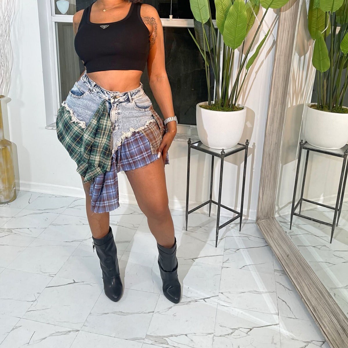 Women's sexy irregular plaid patchwork denim short skirt 3