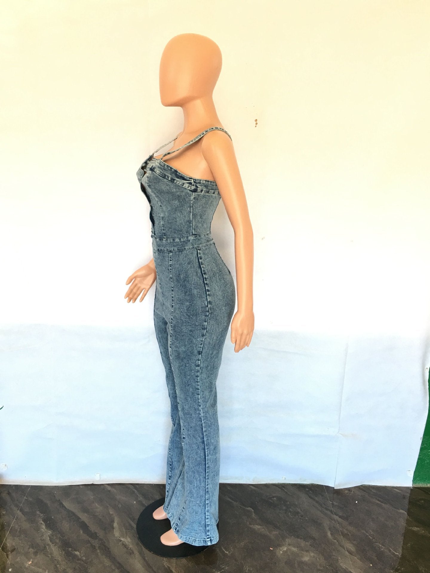 Women's Fashion Casual Sexy Suspenders Denim Jumpsuit Wide Leg Pants Bell Bottom Pants 9