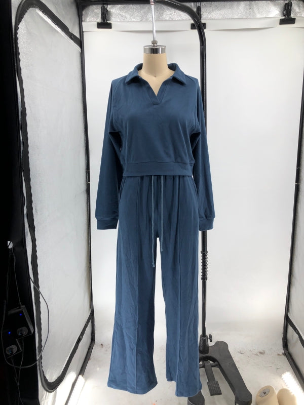 Women Fall/Winter Solid V-Neck Long Sleeve Casual Top and Pants Two-Piece Set 23