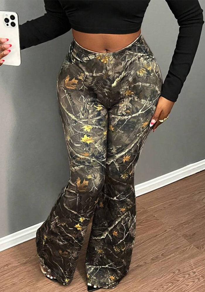 Women Elegant High Waist Plant Print Wide Leg Pants