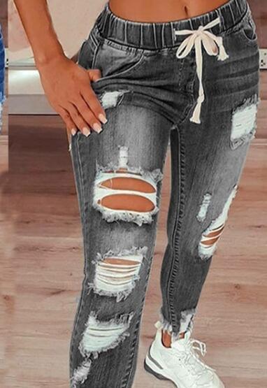 Elastic Waist Women's Denim Pants High Waist Ripped Tie-Up Jeans