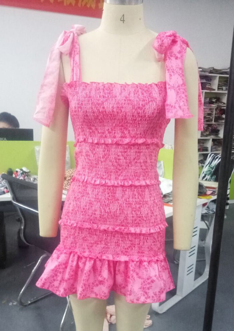 Summer Casual Pink Ruffles Knotted Strap Mini Sundress 4