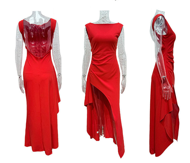 Summer Solid Color Round Neck High Slit Low Back Slim Long Dress 8