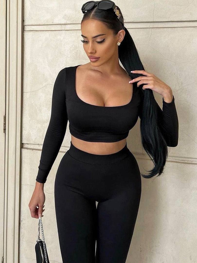 Women's Autumn Solid Color Long-Sleeved U-Neck Two-Piece Slim Fashion Pants Set For Women 6