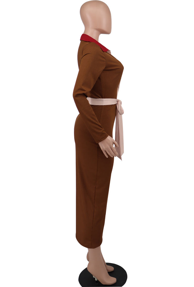 Women Fall Long Sleeve Contrast Belt Dress 11