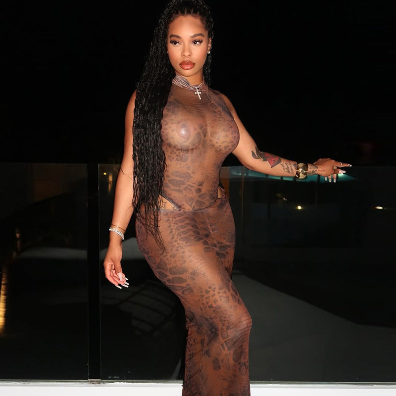 Women's Leopard Print Mesh High-Neck Sleeveless Bodysuit with Diagonal Waist Skirt Set 3