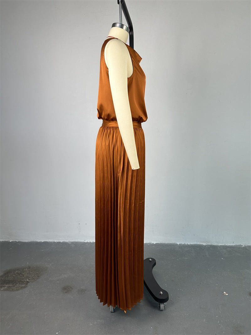 Women Summer Casual Solid Sleeveless Top and Pleated Skirt Casual Two-piece Set 10