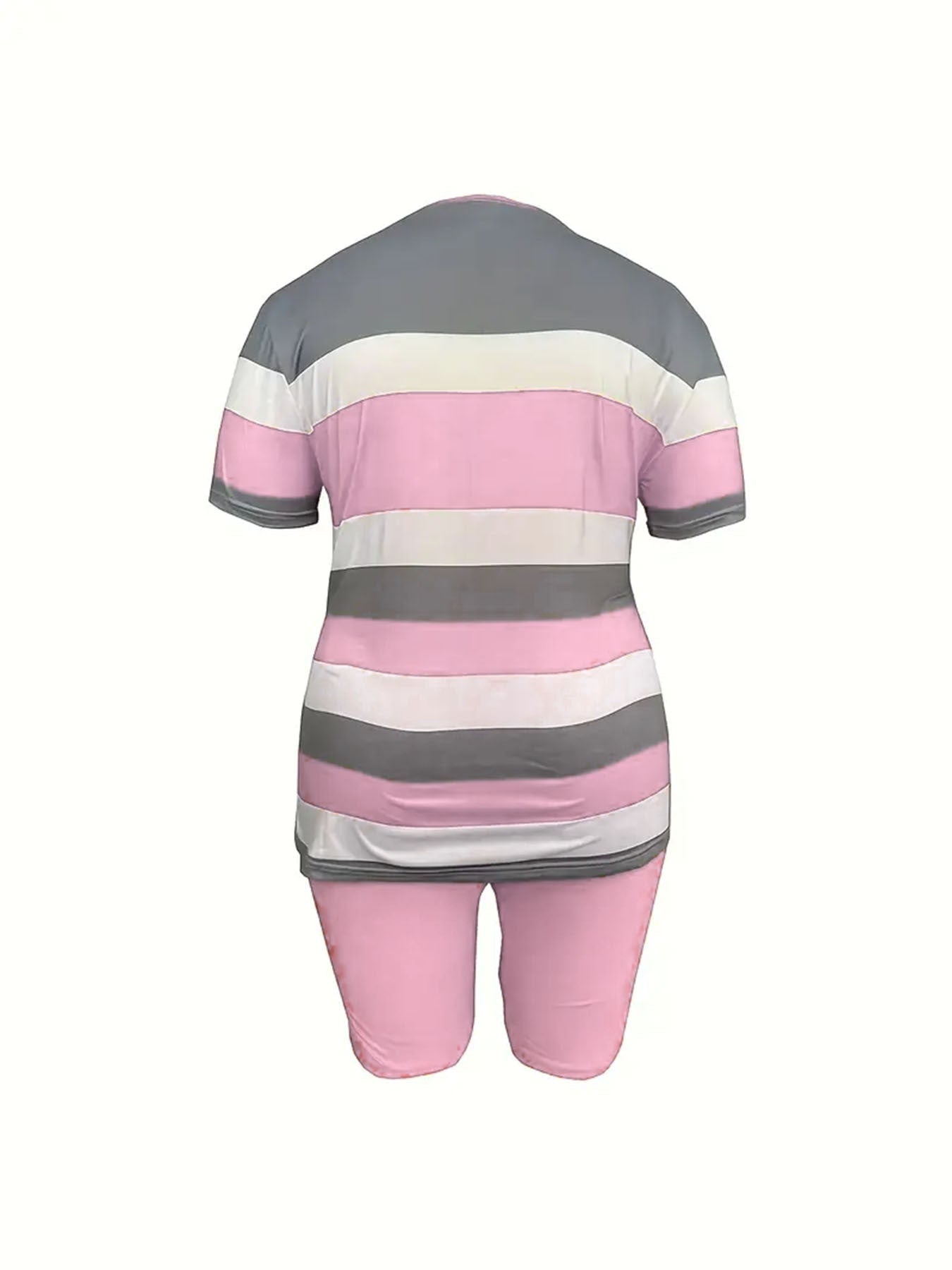 Women's Striped Print Short-Sleeve Sporty Two-Piece Shorts Set 20