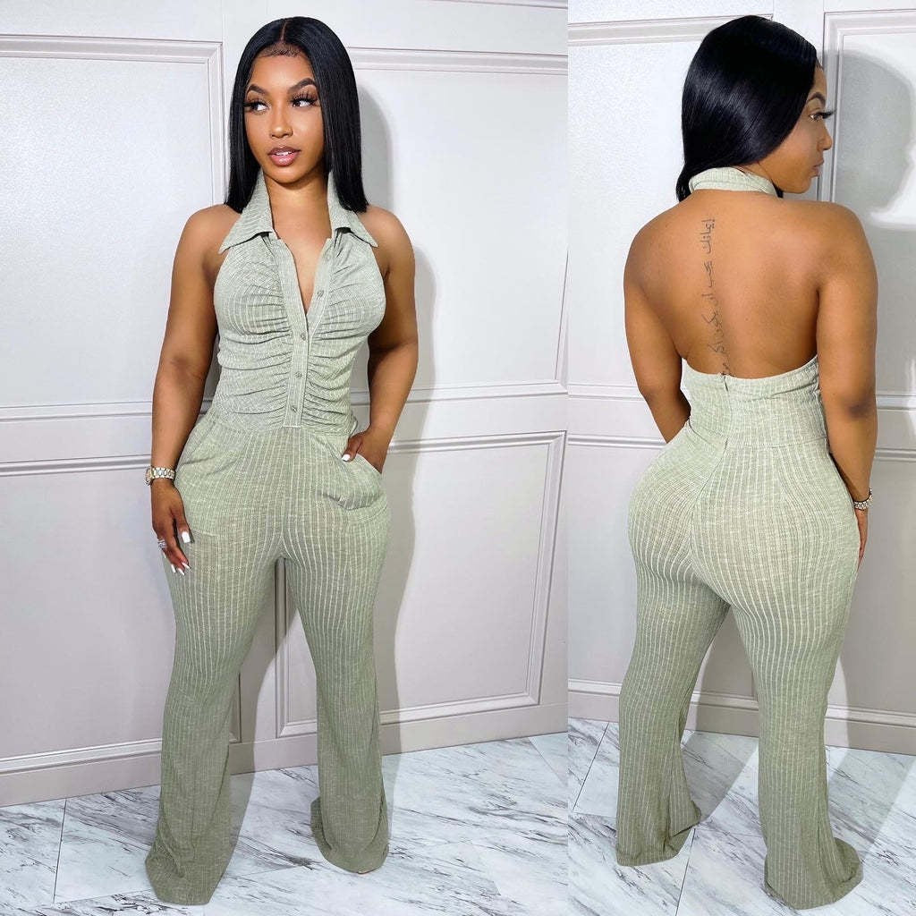 Women's Solid Color Sexy Low Back Halter Neck Turndown Collar Jumpsuit 9