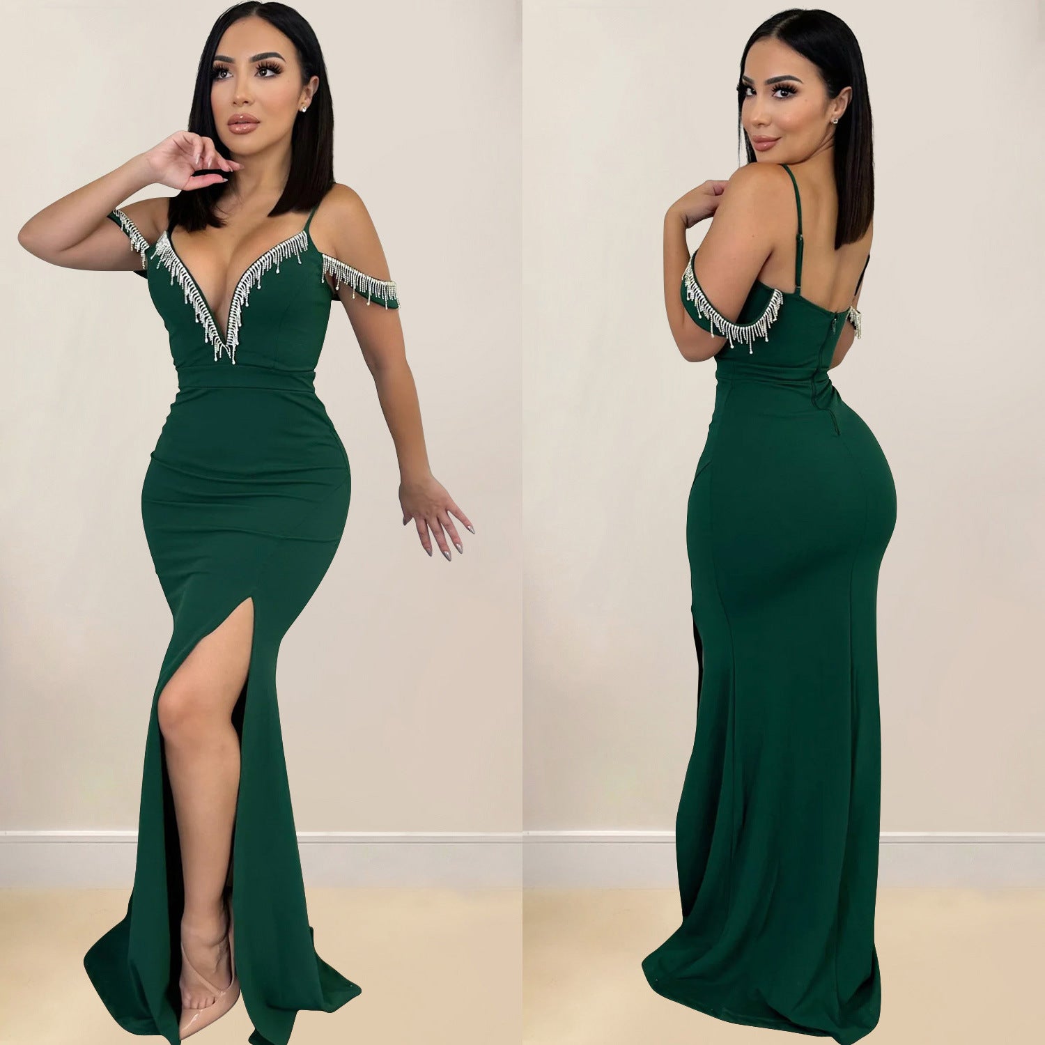 Fashion Women's Solid Color Tassel Suspender Long Dress 6