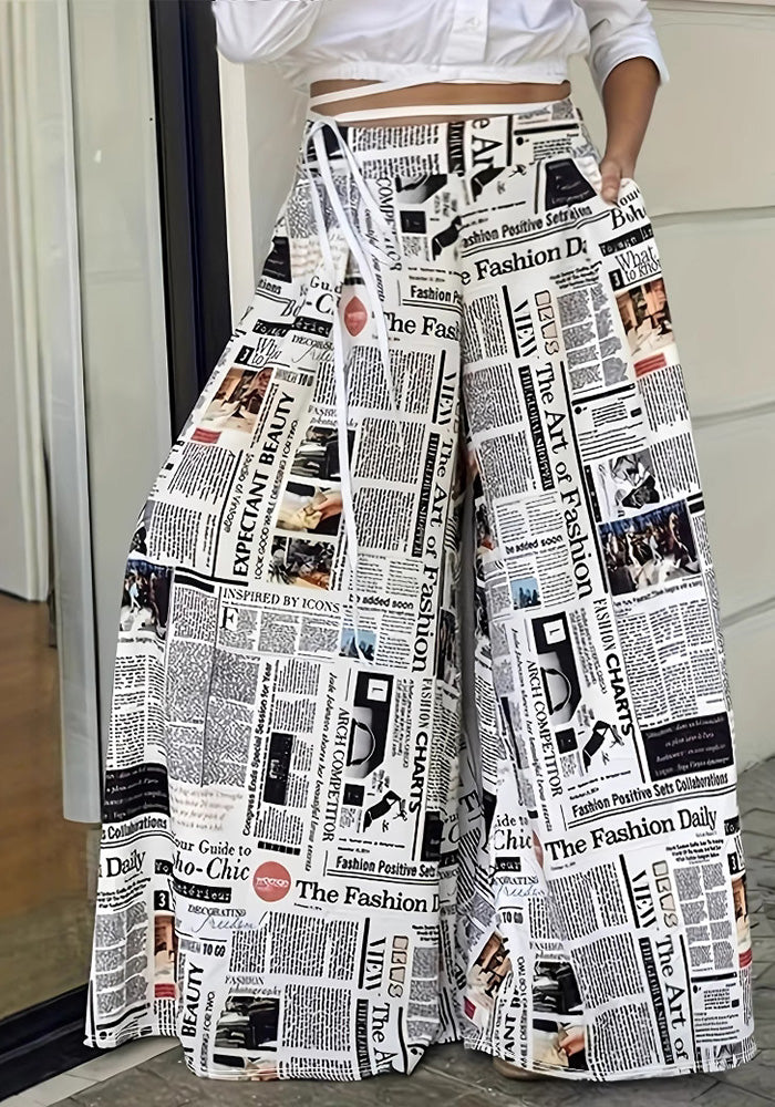 Fashionable trendy prints elastic high waist Casual loose straight Pants