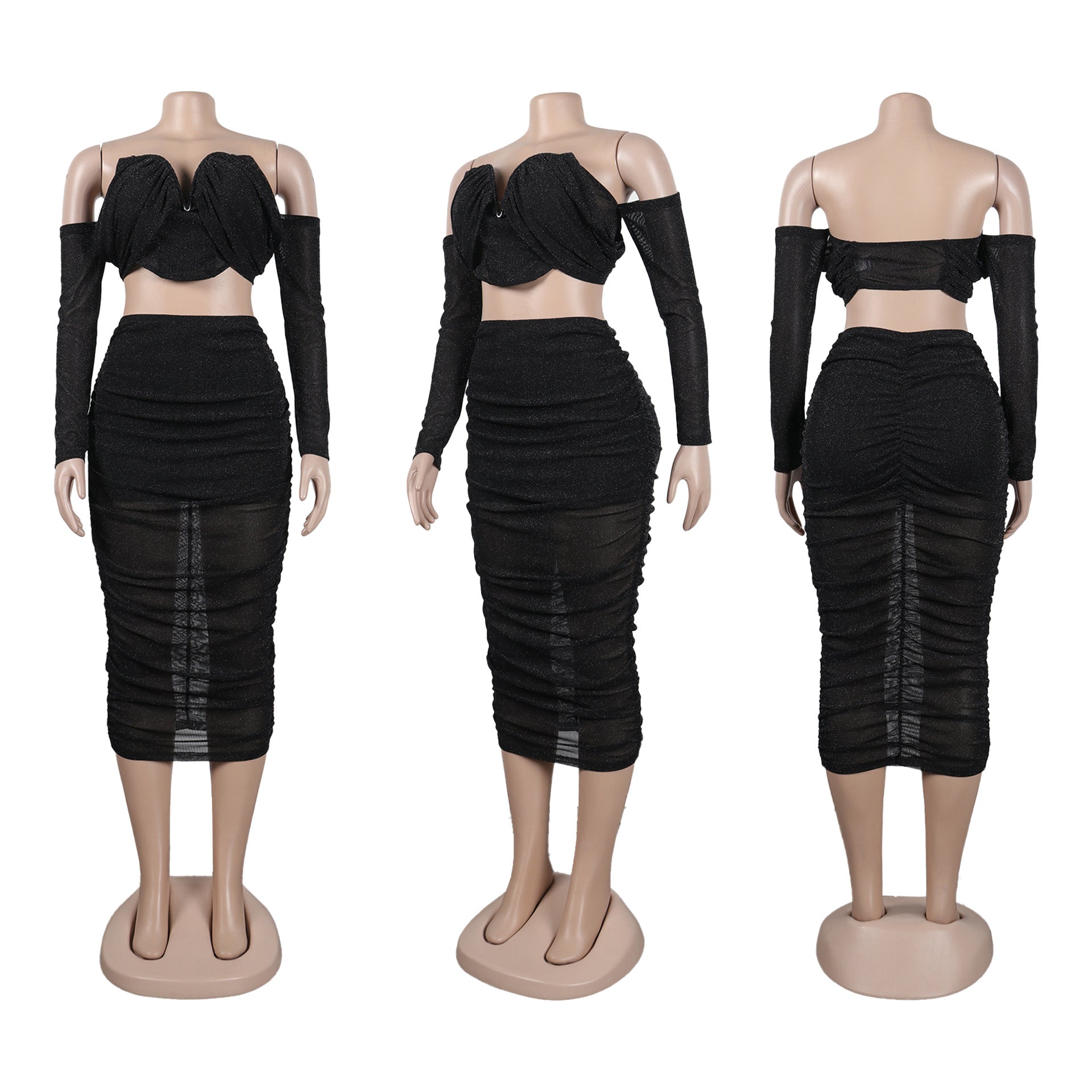 Sexy off shoulder pleated two piece skirt set nightclub wear 11