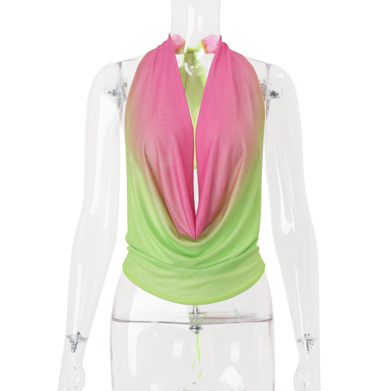 Women's Sexy Halter Neck Gradient Color Vest & Mini Bodycon Skirt Set