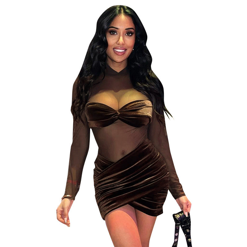 Women High Neck Velvet Mesh Patchwork Bodycon Dress 5