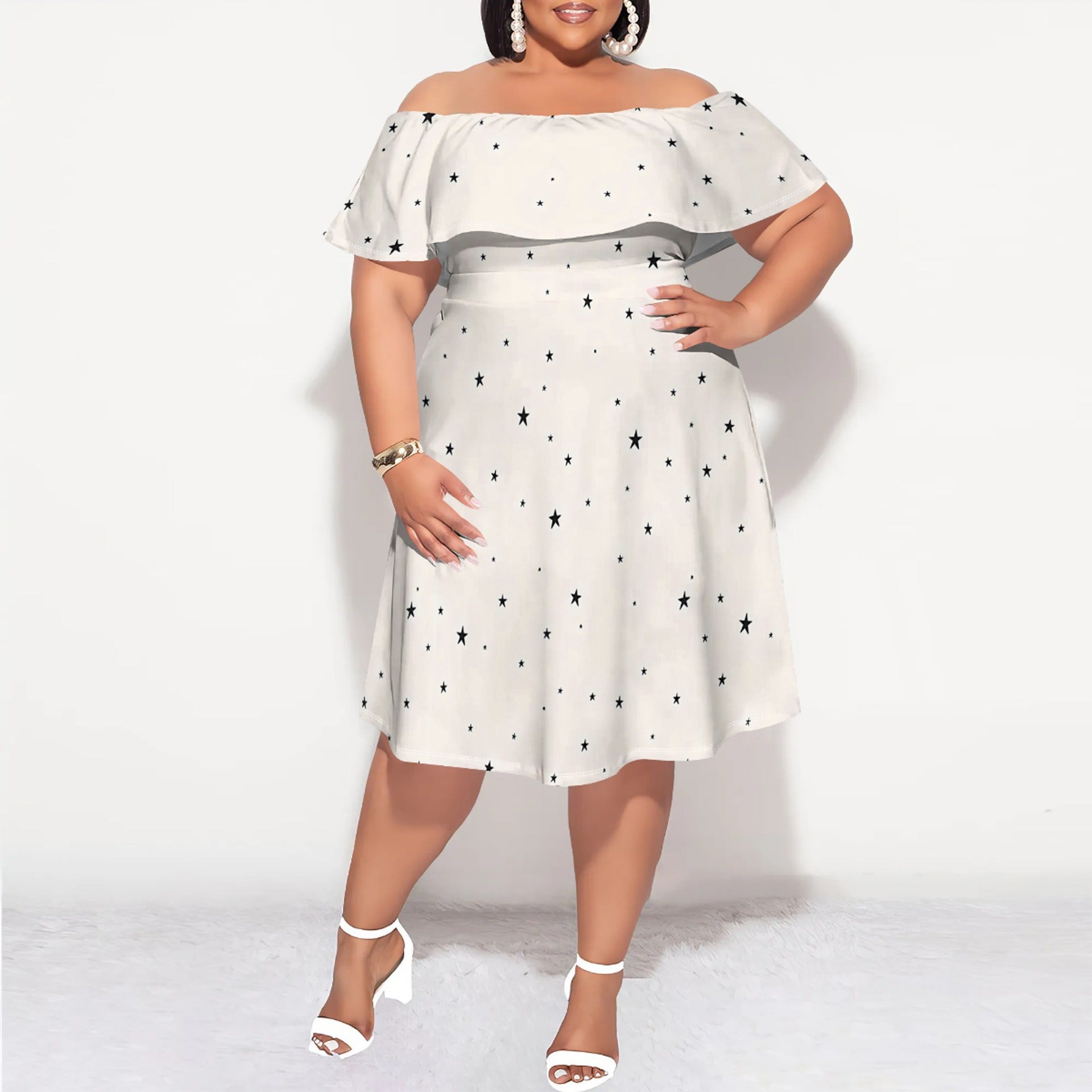 Plus Size Women's Off Shoulder Printed Casual Dress