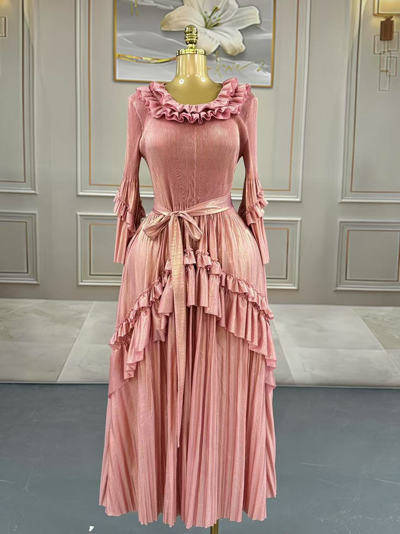 Plus Size Women Bell Bottom Sleeve Elegant Shiny Pleated Dress