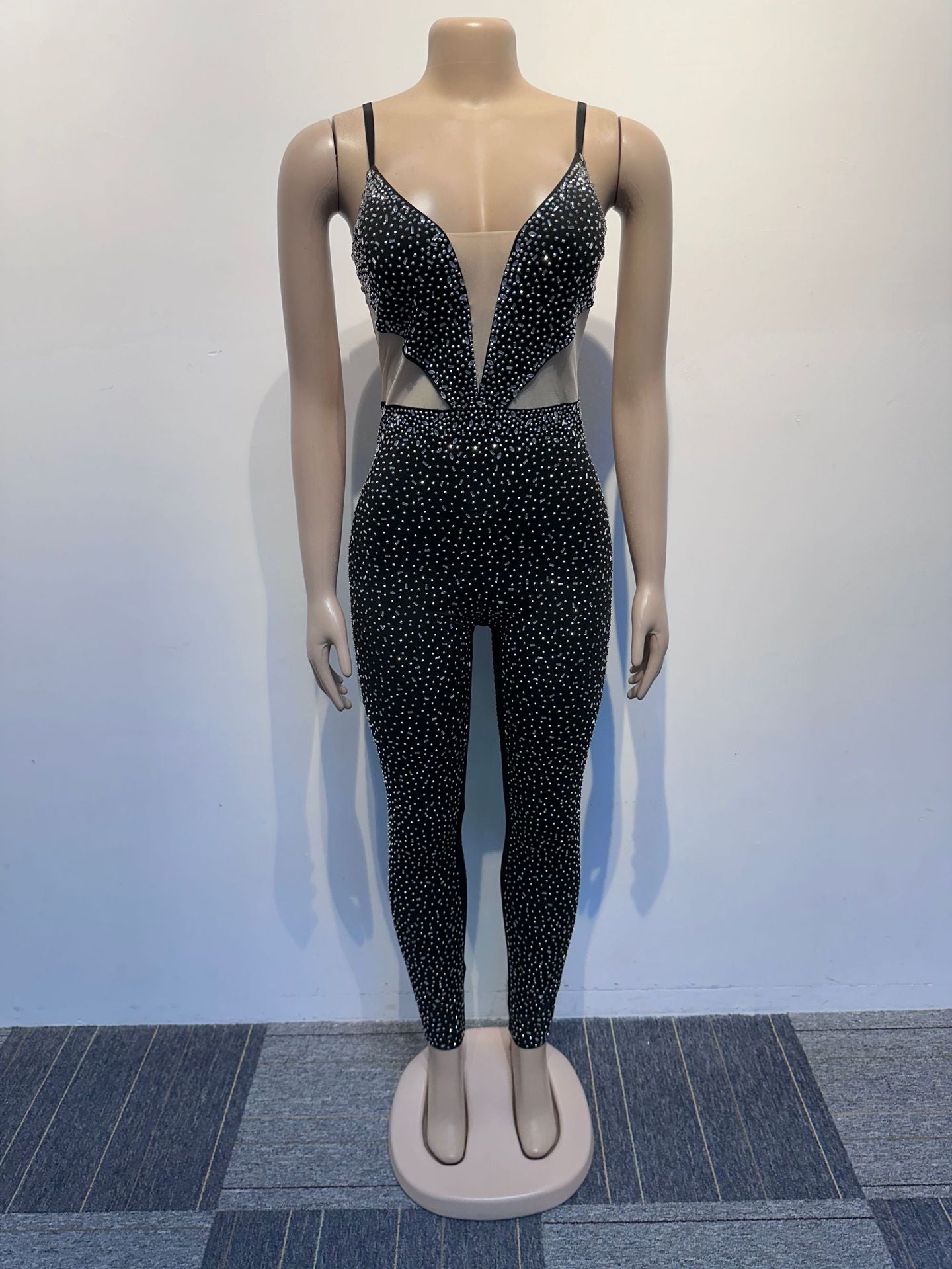 Women Beaded Stretch Suspender Bodycon Jumpsuit 9