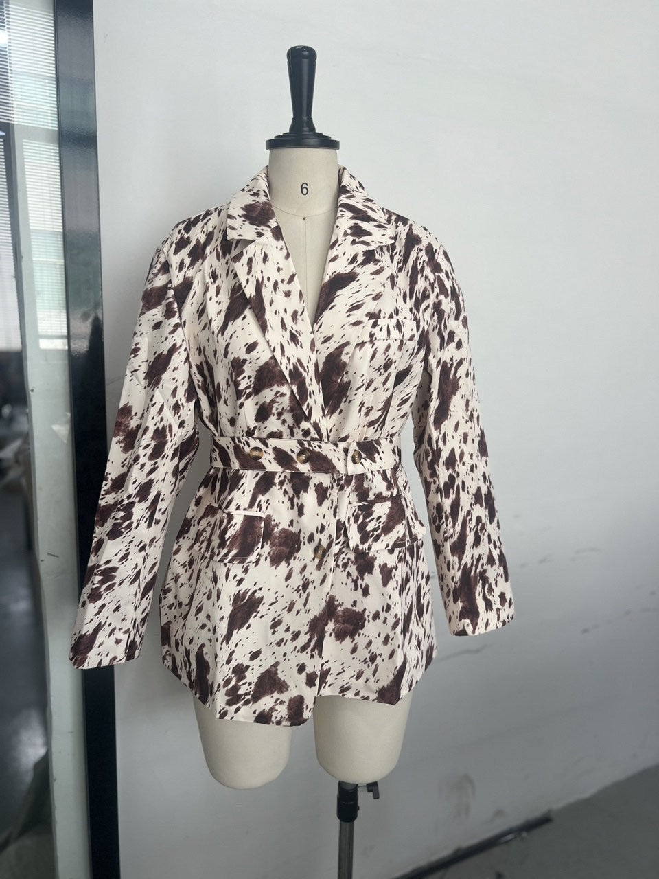Women Fall Career Brown Printed Long-Sleeved Blazer Coat 11