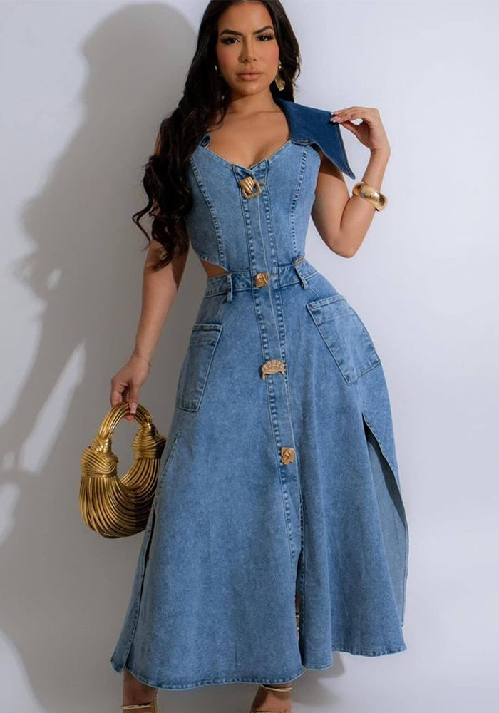 Sleeveless Turn Down Collar Sheer Waist Cut Out Denim Dress