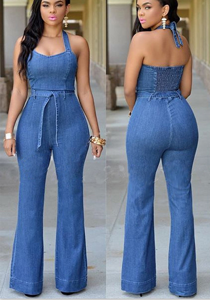 Women Sexy Denim Jumpsuit with Belt