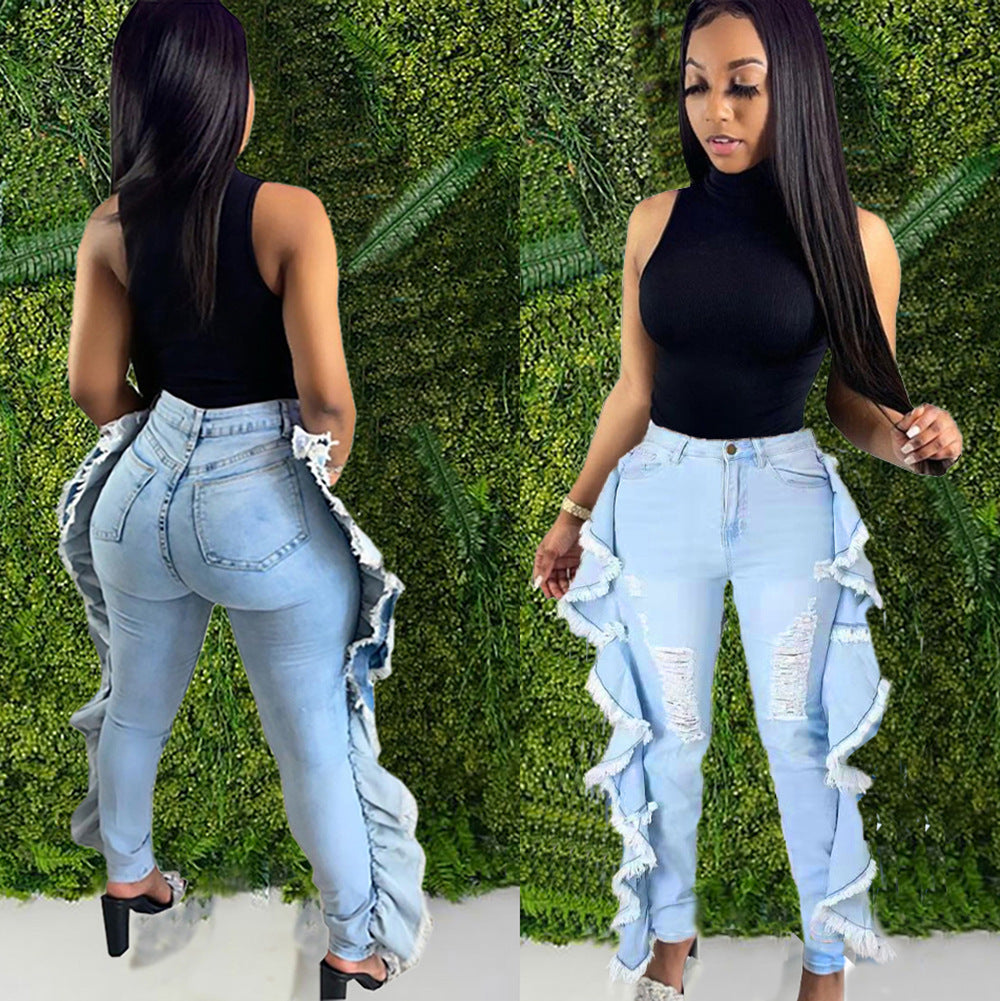 Women's Denim Pants Streetwear Casual Frayed Side Ruffles Tight Fitting Stretch Jeans