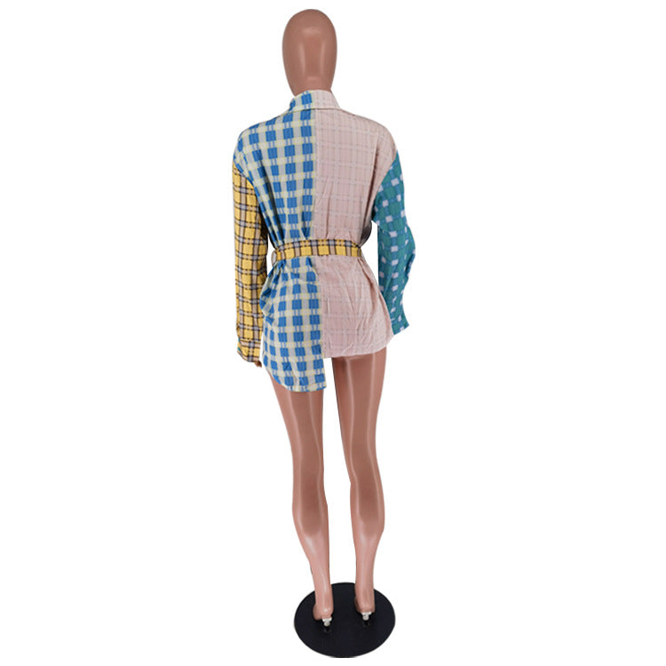 Women Fashion Printed Patchwork Long Sleeve Shirt (Including Belt) 13