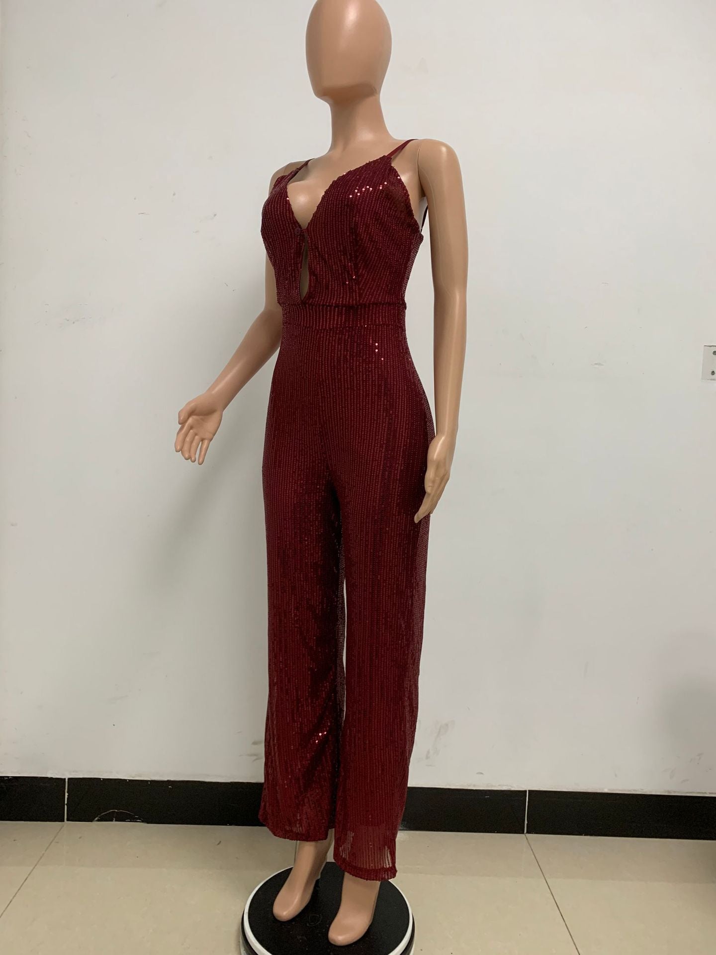 Deep V Neck Low Back Sleeveless Chic Sequined Straps Elegant Women's Party Jumpsuit 39