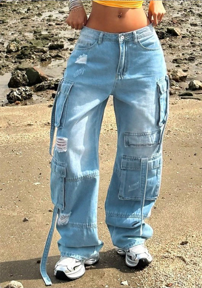 Women Cargo Pocket Light Blue Denim Pants