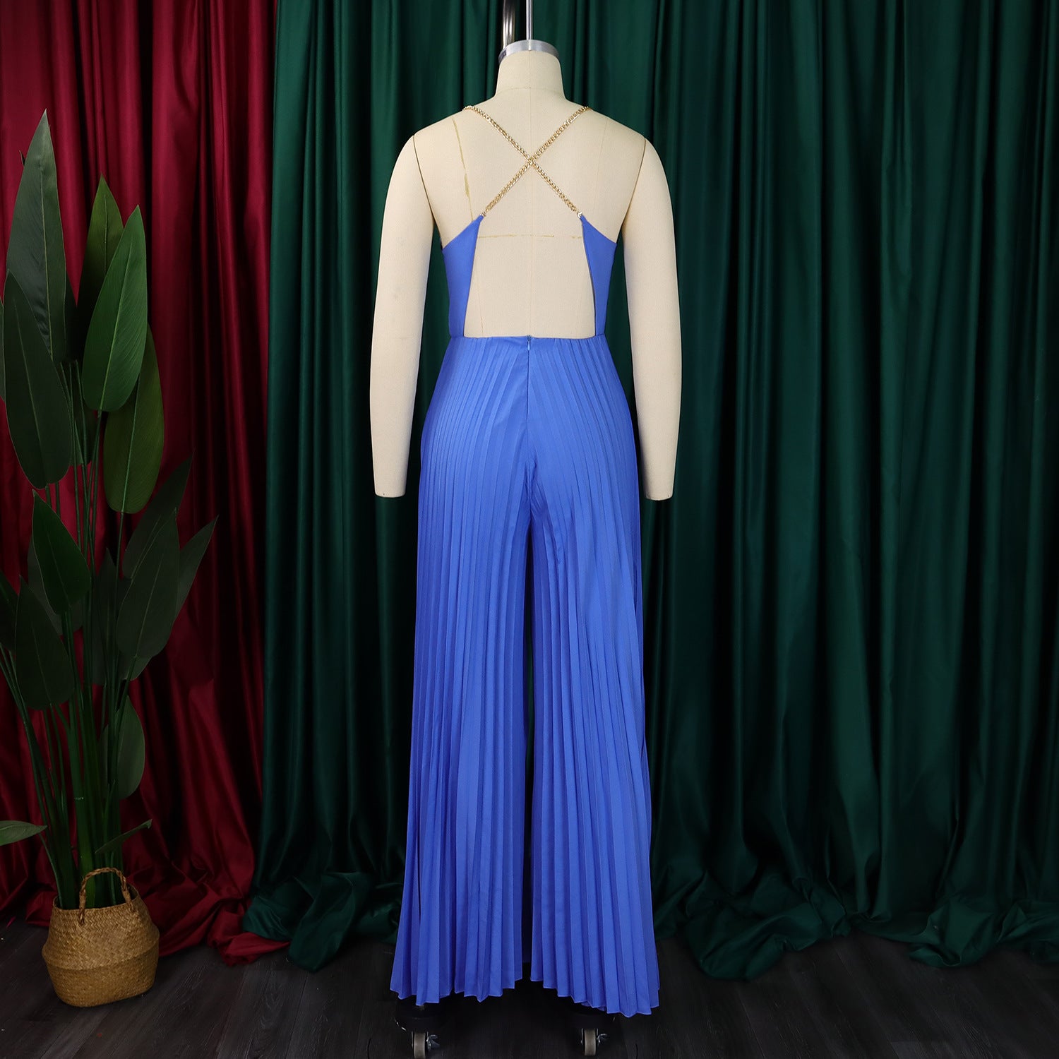 Summer Fashion Sexy Chain Halter Neck Sexy Low Back High Waist Wide Leg Pleated Jumpsuit 30