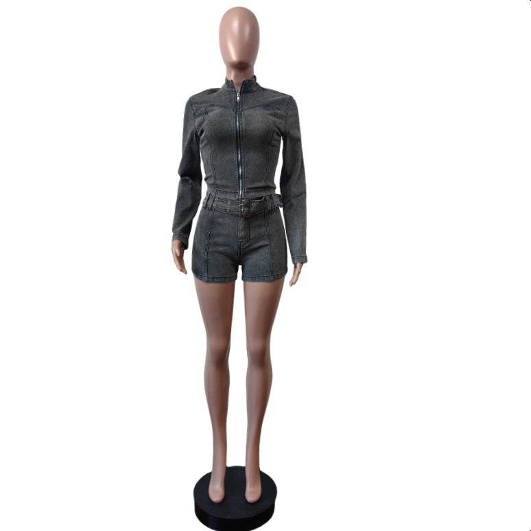 Women long sleeve Top and Denim shorts belt Two Piece Set 9