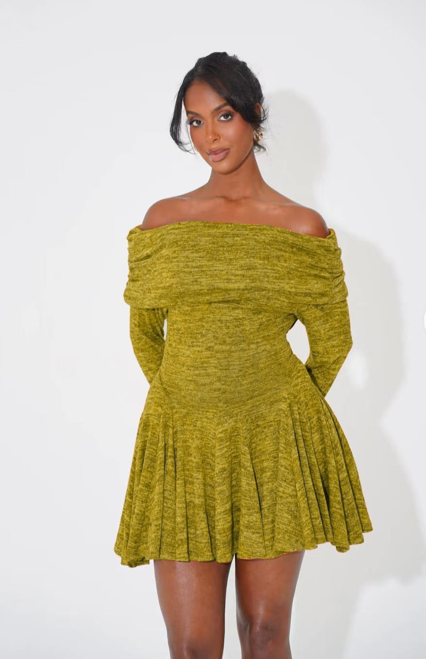 Women Spring Off Shoulder Long Sleeve Sexy Turndown Collar Dress 3