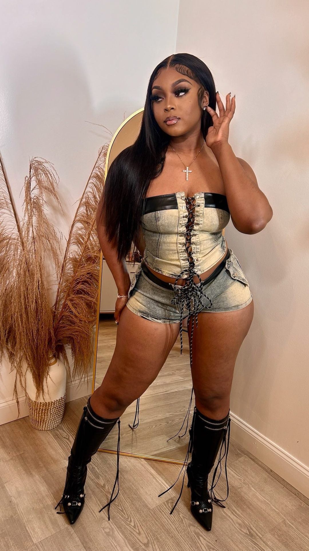 Women Stretch Denim Strapless Lace-Up Top and Shorts Two-piece Set