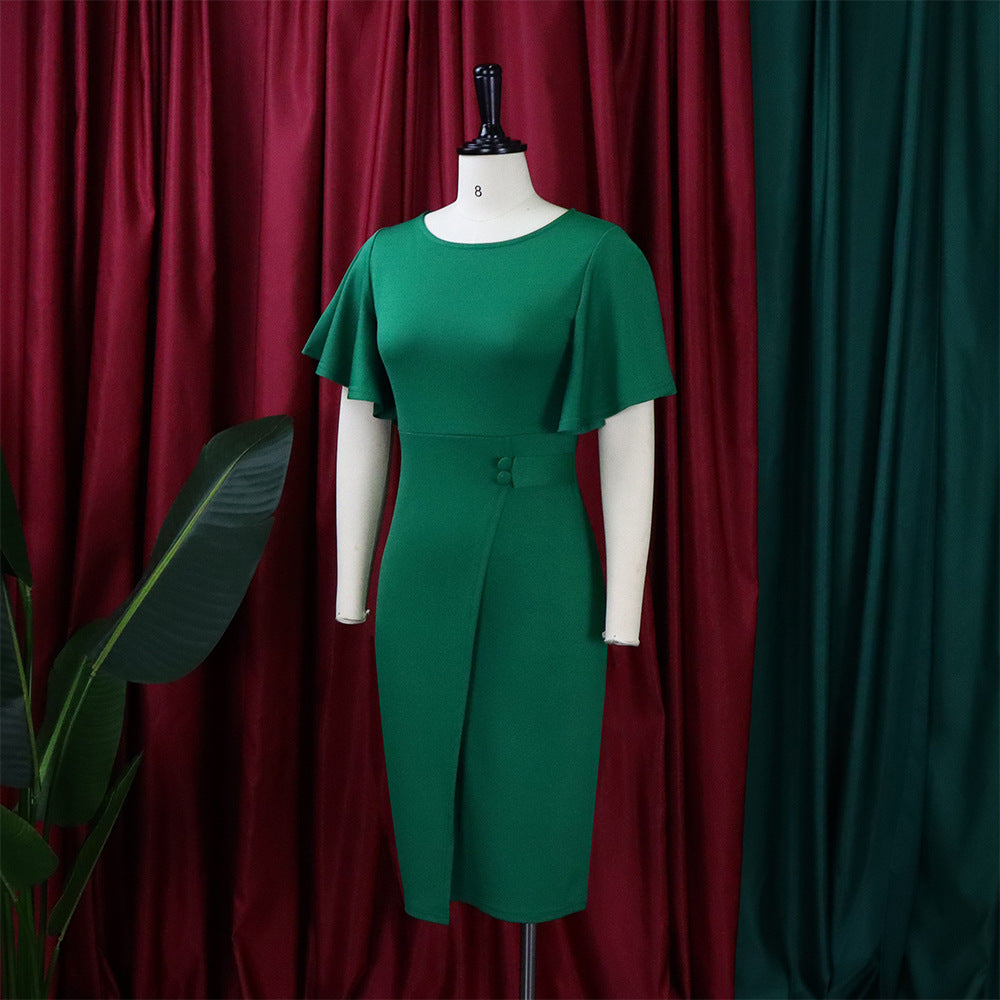 Women's Summer Solid Color High Waist Chic Career Ruffle Sleeve Office Dress 32