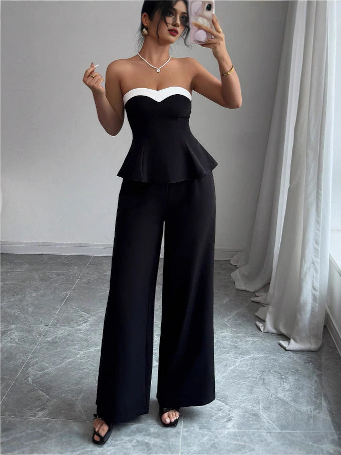Women Summer Elegant Strapless Contrast Color Top and Pants Two Piece Set 6