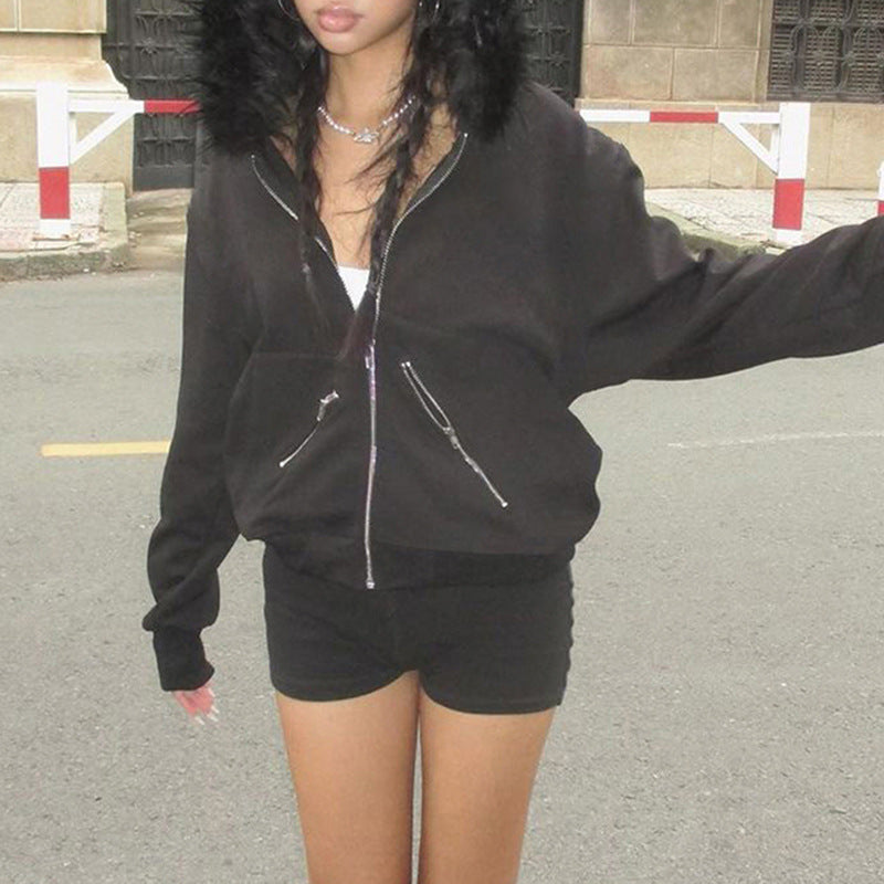 Women Casual retro zipper pocket hoodies 3