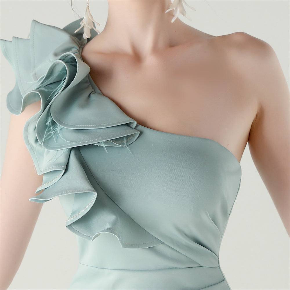 Women One-Shoulder Beaded Wool and Floral Satin Slit Sexy Evening Dress 71