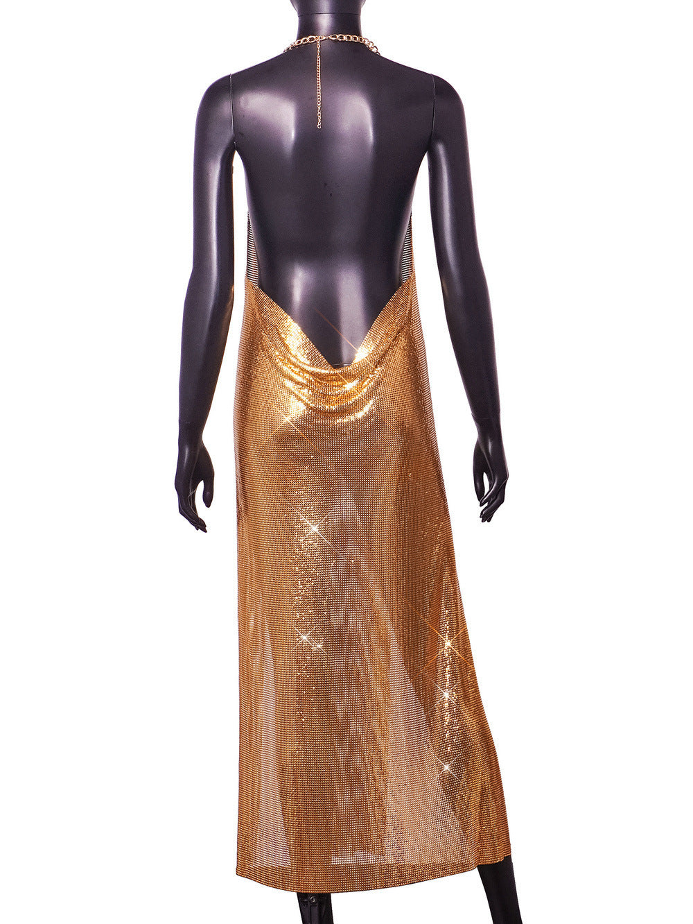 Women's Nightclub Sexy Halter Neck Strap Low Back Metal High Slit Dress 14