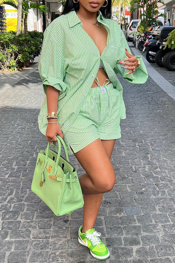 Women Striped Loose Long Sleeve Shirt + Shorts Two Piece Set 3