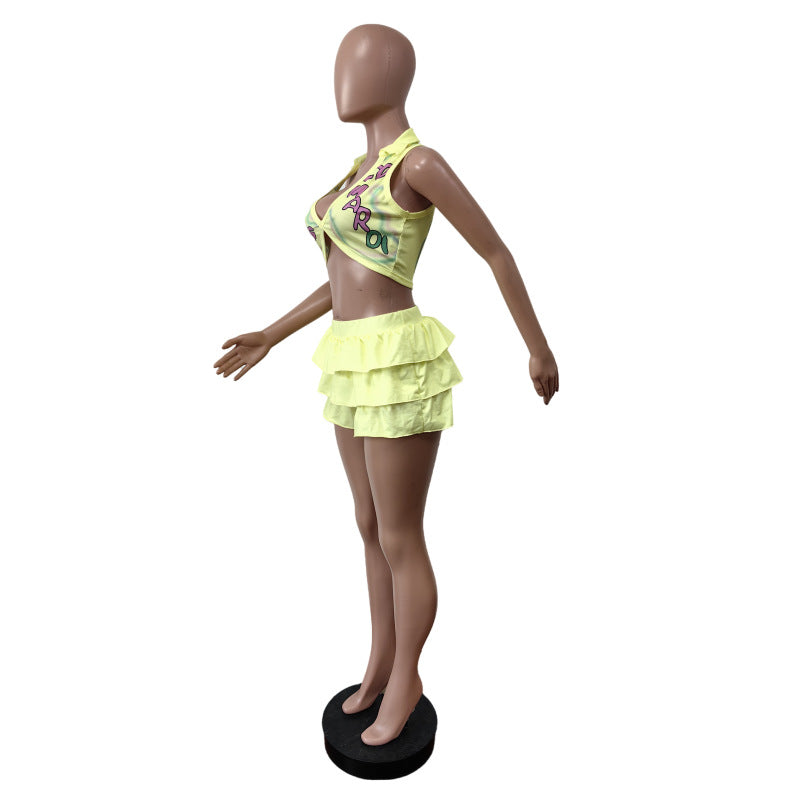 Printed Ruffle Elastic Waist Casual Shorts Set 8