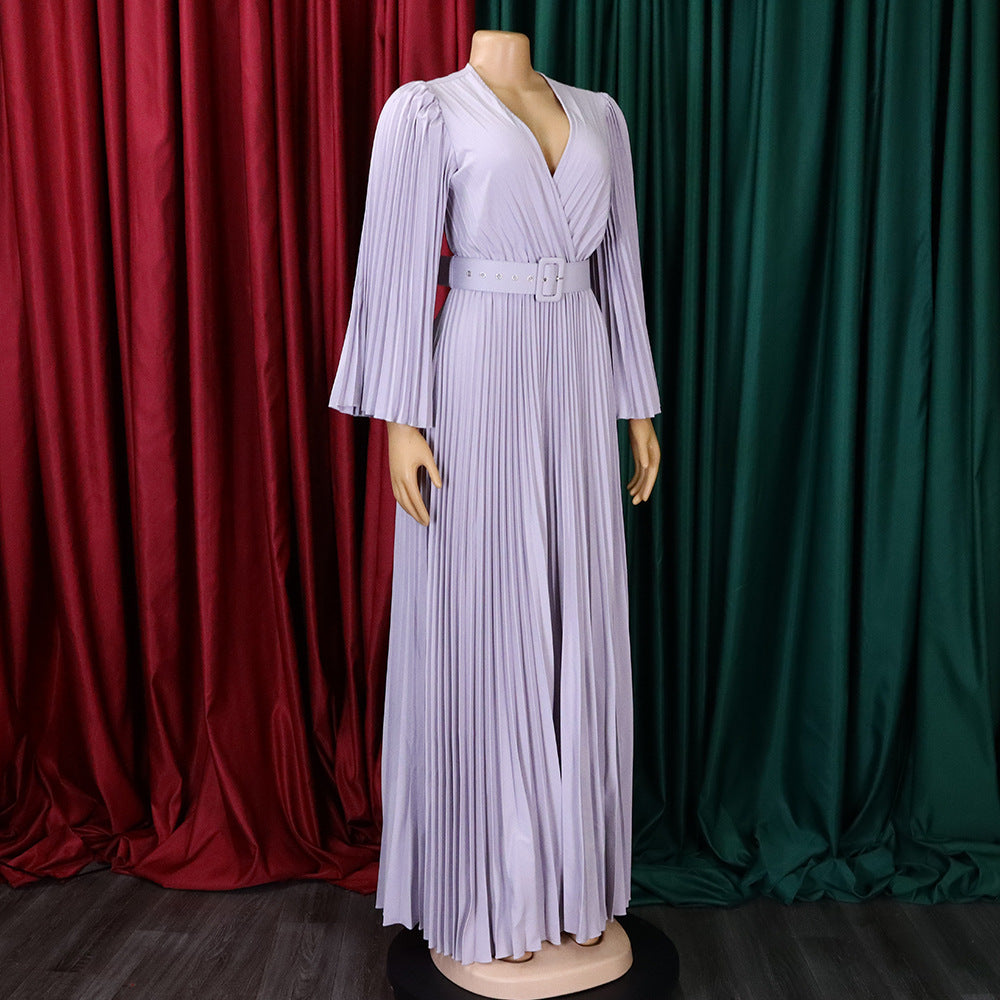 Elegant Women'S Solid Color V-Neck Sexy Pleated Long Dress Maxi Dress 24