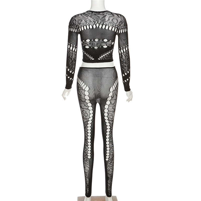 Fall Women's Sexy Round Neck Cutout Tight Fitting Top High Waist See-Through Casual Pant Set 13