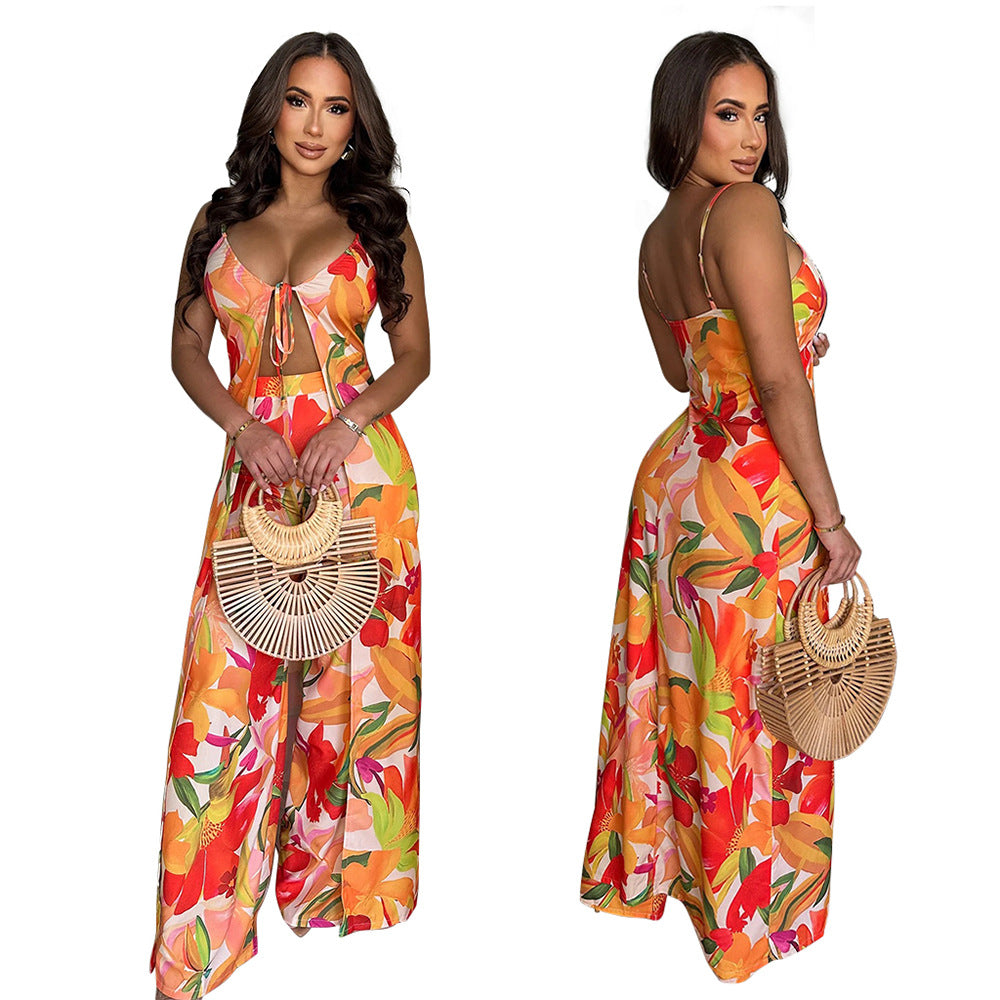 Women Suspender Lace-up Sexy Top Wide-Leg Pants Two-Piece Set 7