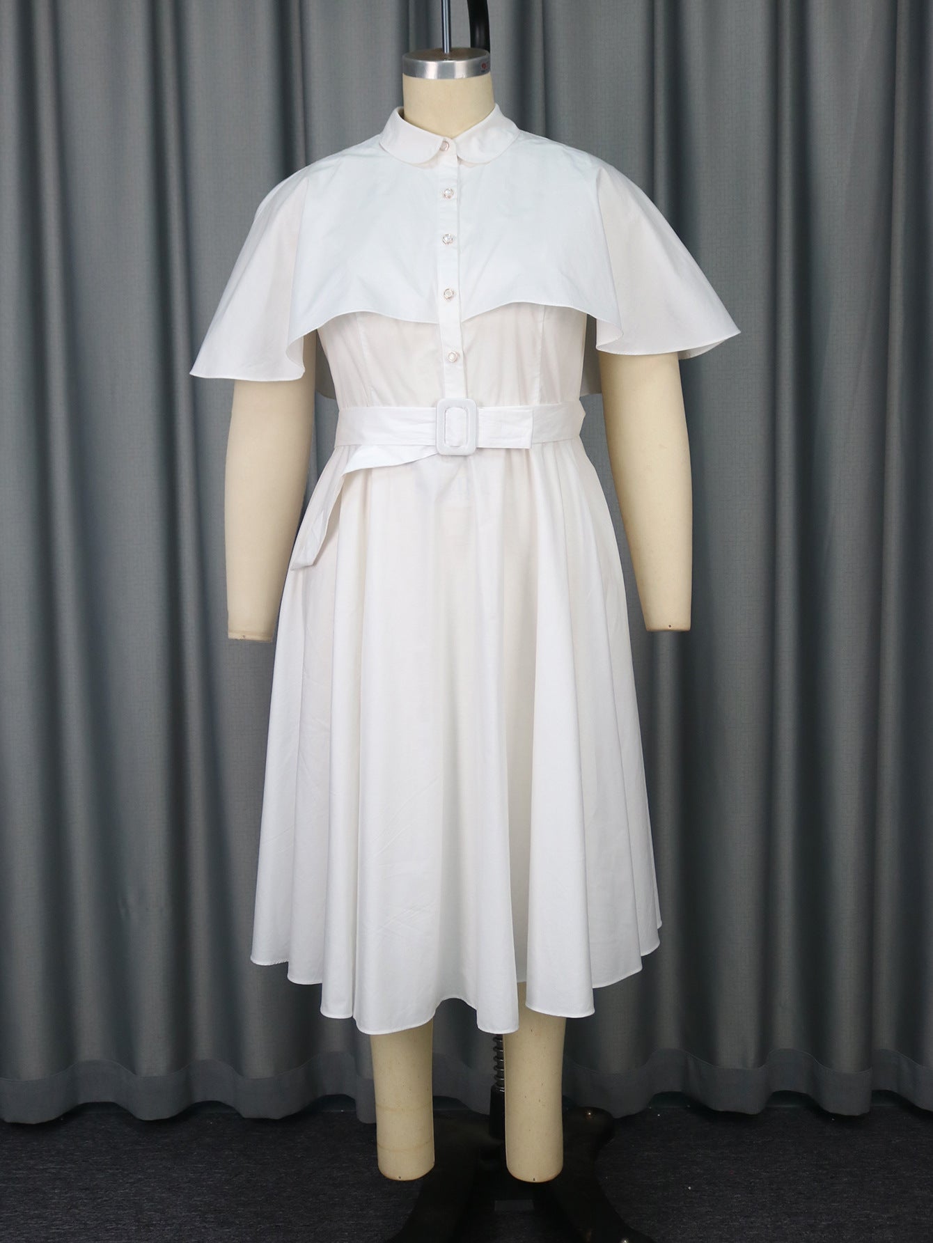 Plus Size White Belted Shirt Dress Cape Sleeve Button-Down A-Line Midi Dress 10