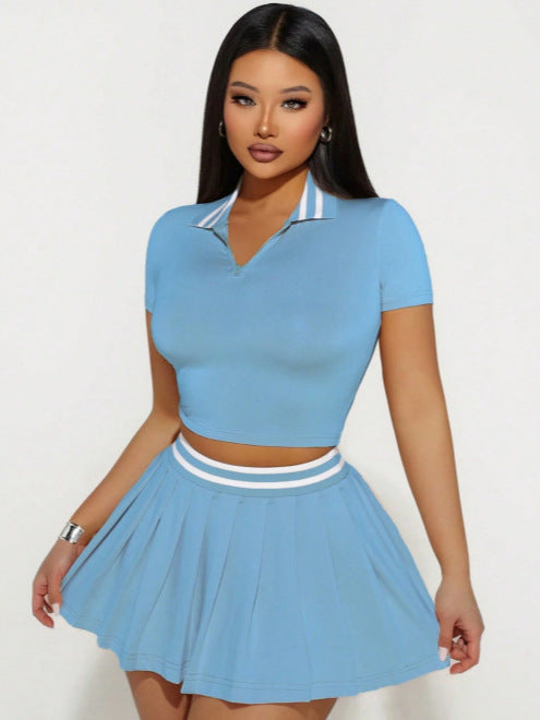 Women's Summer Skirt & Turndown Collar Short-Sleeve Top Two-Piece Set 12