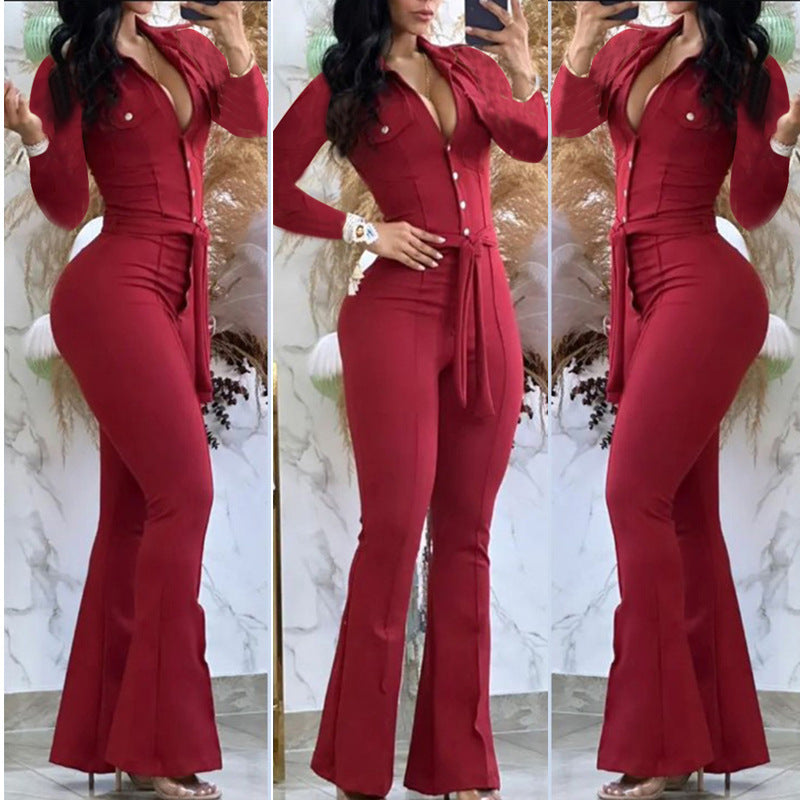 Women Turndown Collar Long Sleeve Bell-Bottom Jumpsuit 7