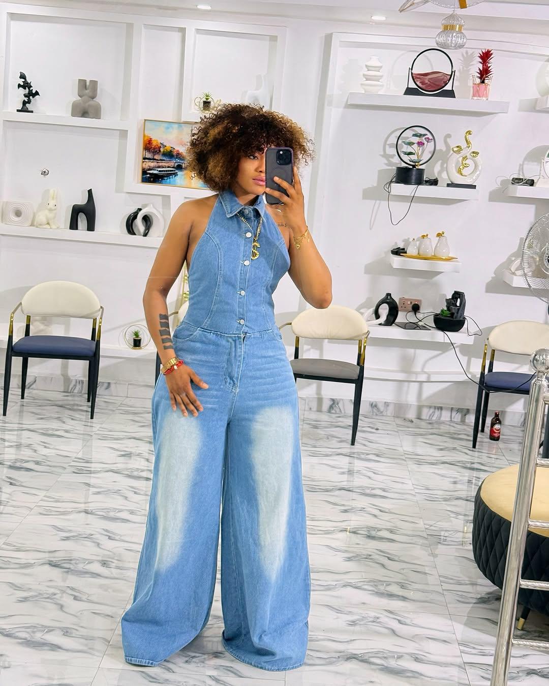 Women summer turndown collar Halter Neck backless denim jumpsuit 5