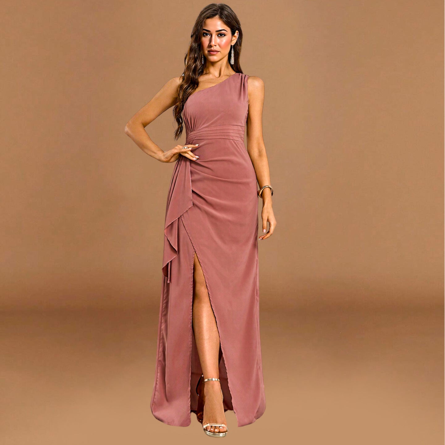 Women Solid Off-shoulder Sleeveless Solid Ruffle Slit Evening Dress Irregular Dress