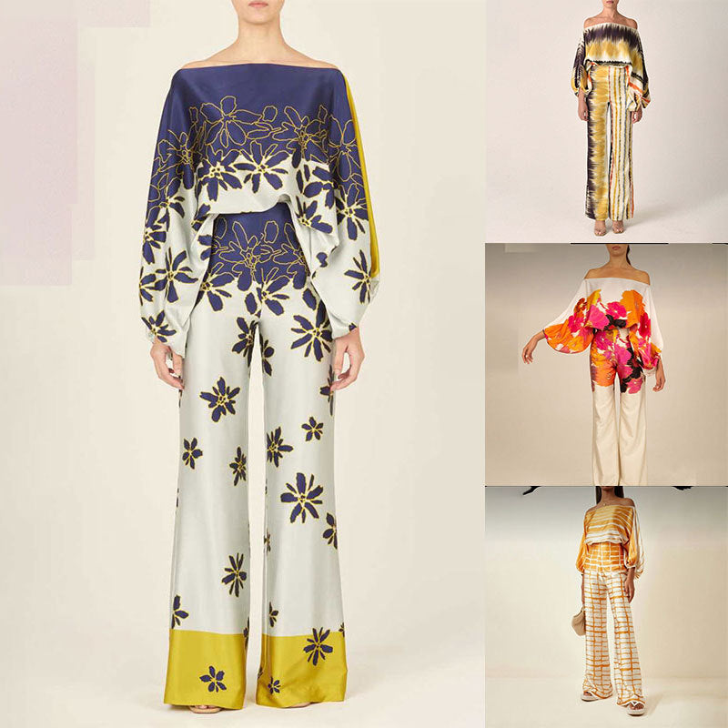 Women Printed Casual Loose Top and Wide Leg Pants Two-piece Set 27