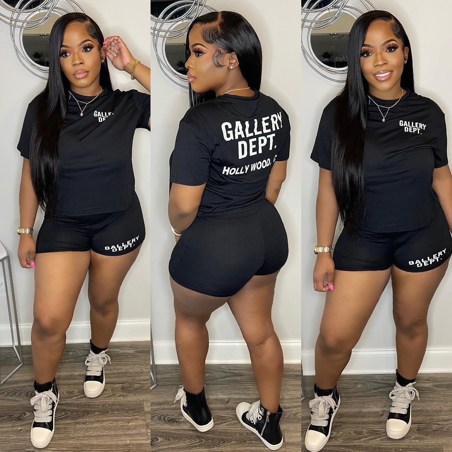 Women Clothing Summer Black Print Round Neck Short Sleeve Top and Shorts Two-Piece Set 3