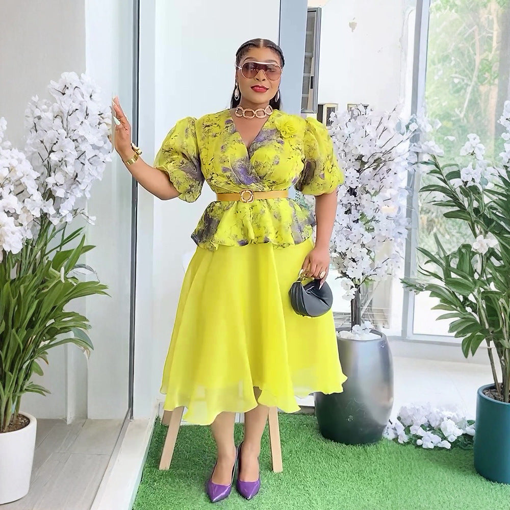 Plus Size African Women Puff Sleeve Elegant Print Maxi Dress